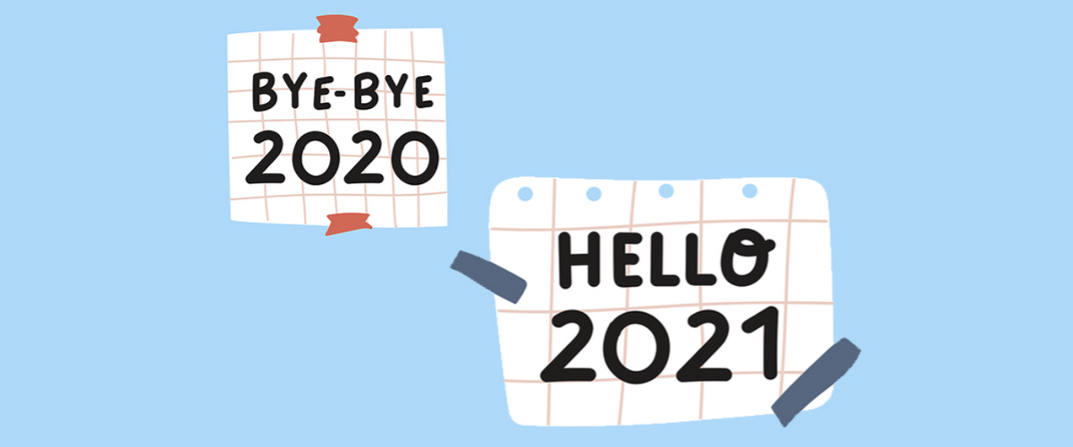 Bilde med blå bakgrunn og teksten "bye-bye 2020, hello 2021"